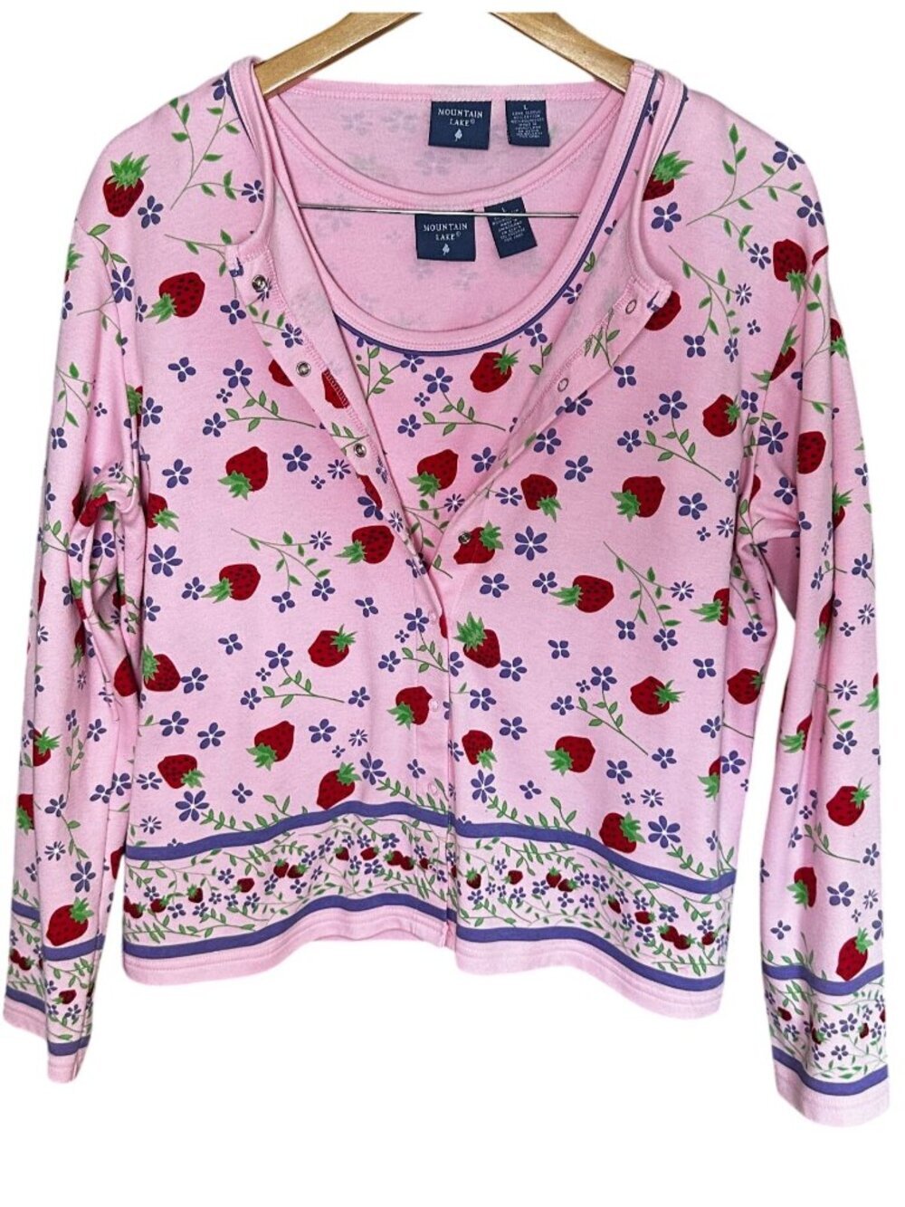 Strawberry Twin Set Large Cardigan Sweater Set Pink Cottagecore Mountain Lake
